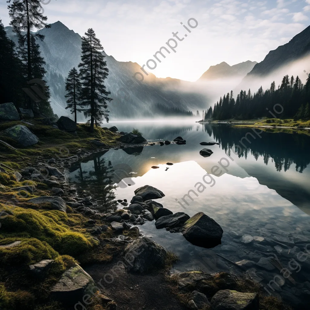 Misty alpine lake at dawn with fog and mountains - Image 2