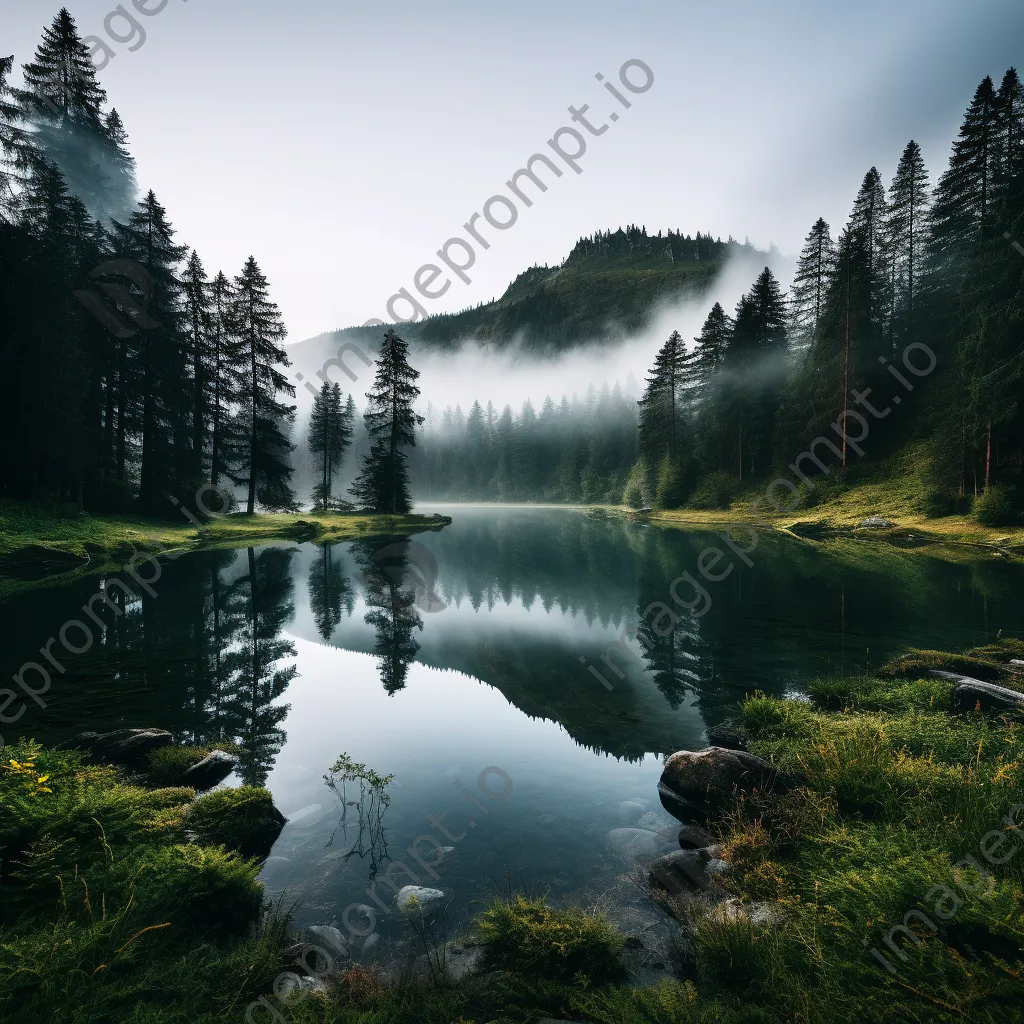 Misty alpine lake at dawn with fog and mountains - Image 3