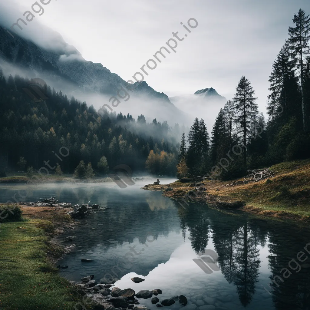 Misty alpine lake at dawn with fog and mountains - Image 4