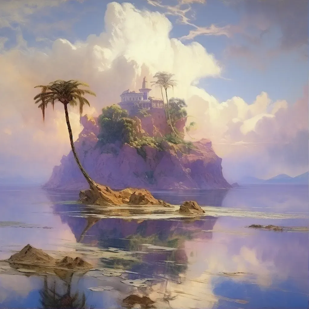 Image of floating island above lavender sea with trees and ancient ruins in surreal landscape - Image 1