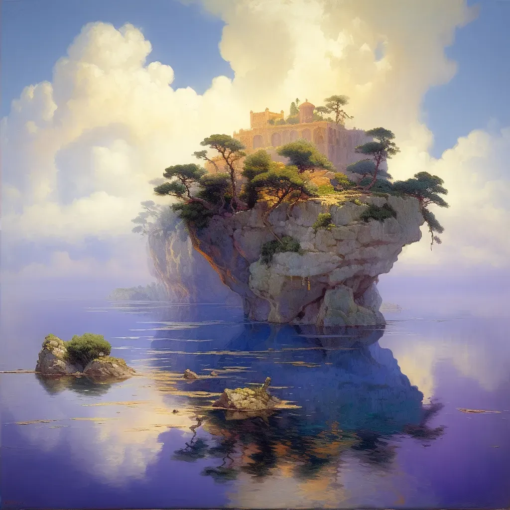 Image of floating island above lavender sea with trees and ancient ruins in surreal landscape - Image 2