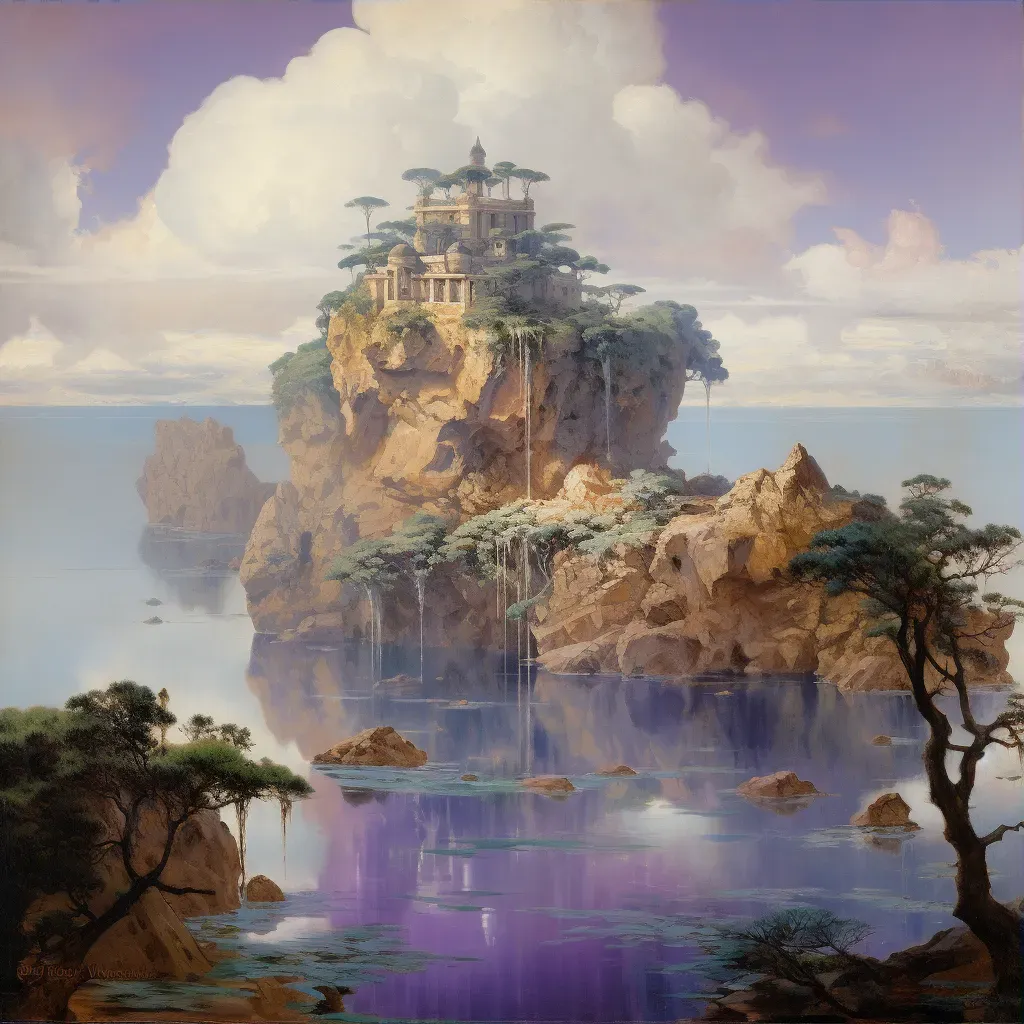 Image of floating island above lavender sea with trees and ancient ruins in surreal landscape - Image 3