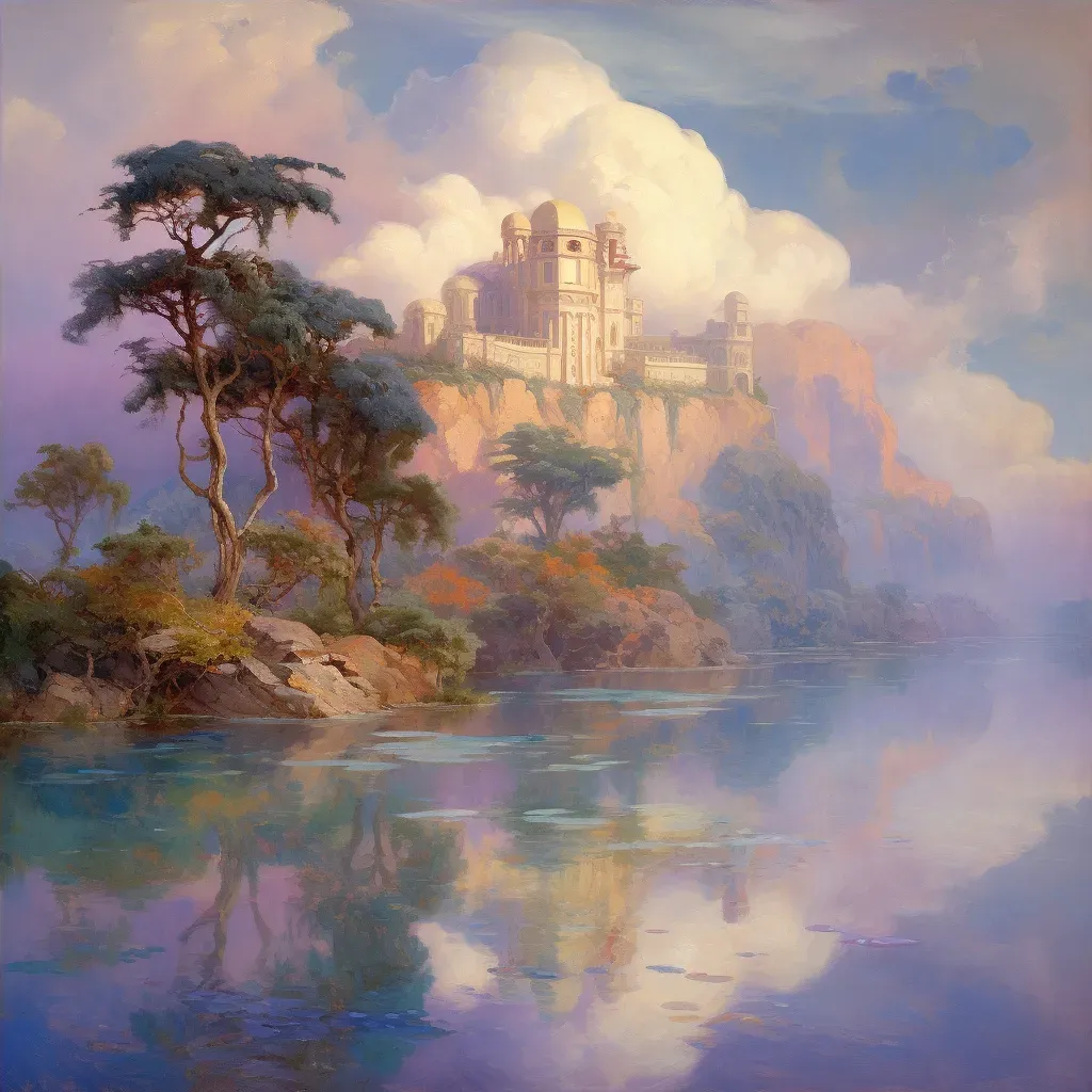 Image of floating island above lavender sea with trees and ancient ruins in surreal landscape - Image 4