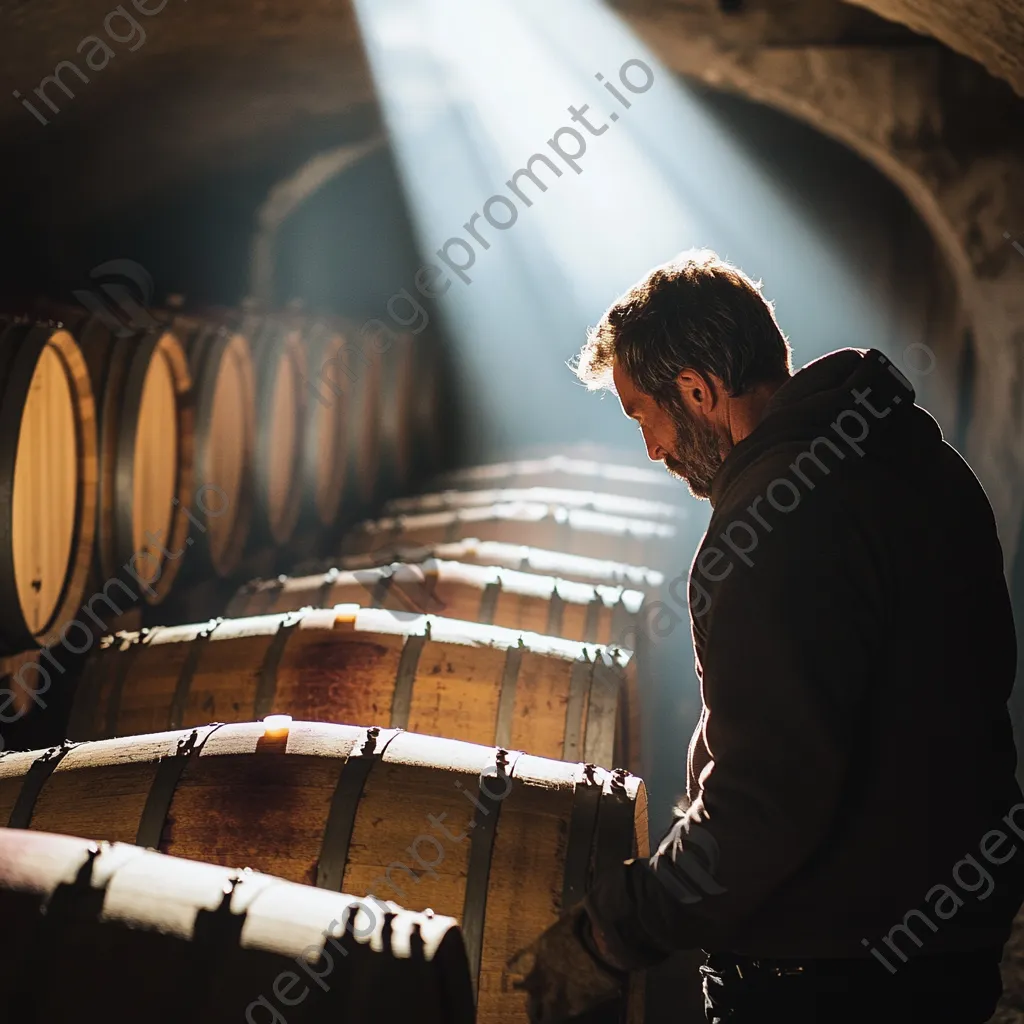 Winemaker inspecting wine barrels in sunlit cellar - Image 1