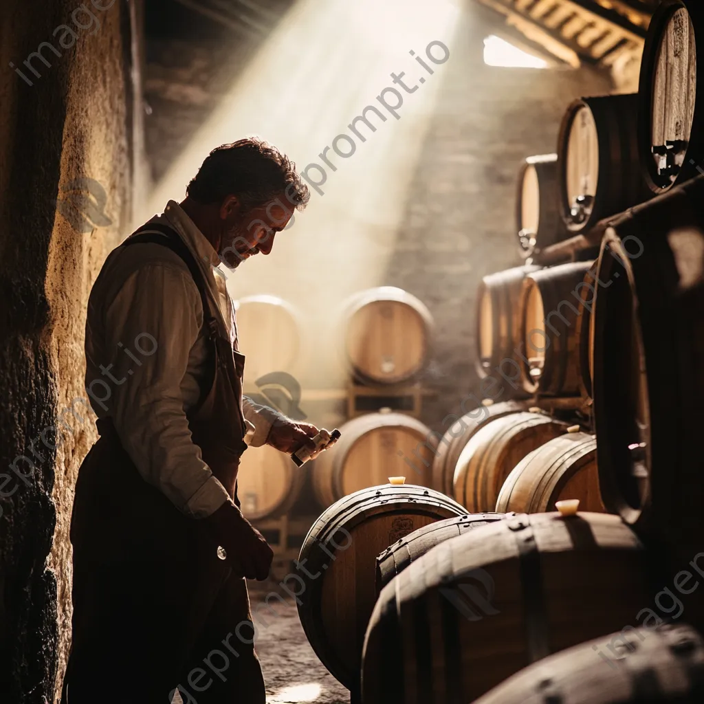 Winemaker inspecting wine barrels in sunlit cellar - Image 3