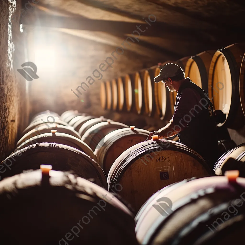 Winemaker inspecting wine barrels in sunlit cellar - Image 4