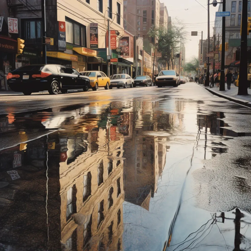 City street in rain reflecting sunny city in puddles - Image 1