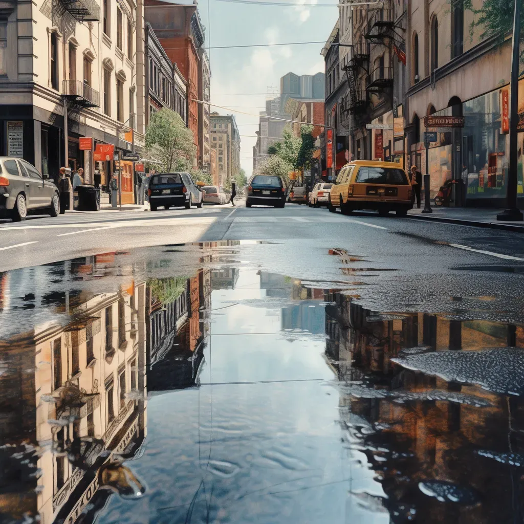 City street in rain reflecting sunny city in puddles - Image 2