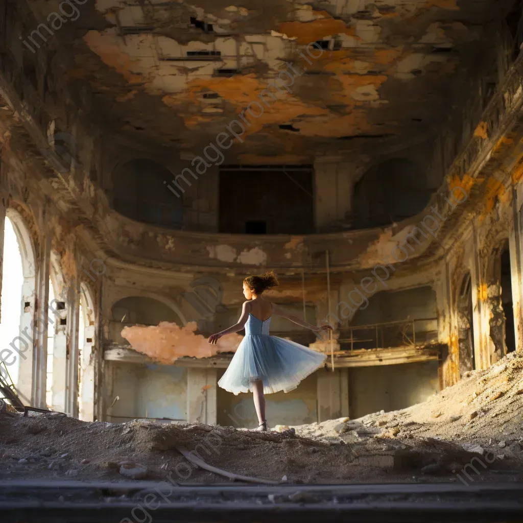 An impressionistic portrayal of a lone dancer performing in a ruined theater, testifying the endurance of art - Image 1