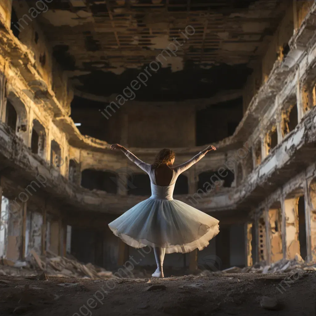 An impressionistic portrayal of a lone dancer performing in a ruined theater, testifying the endurance of art - Image 3