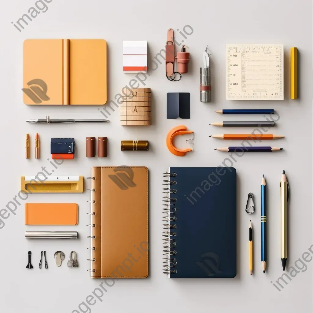 Top view of stationery items on a desk in a minimalist setup - Image 1