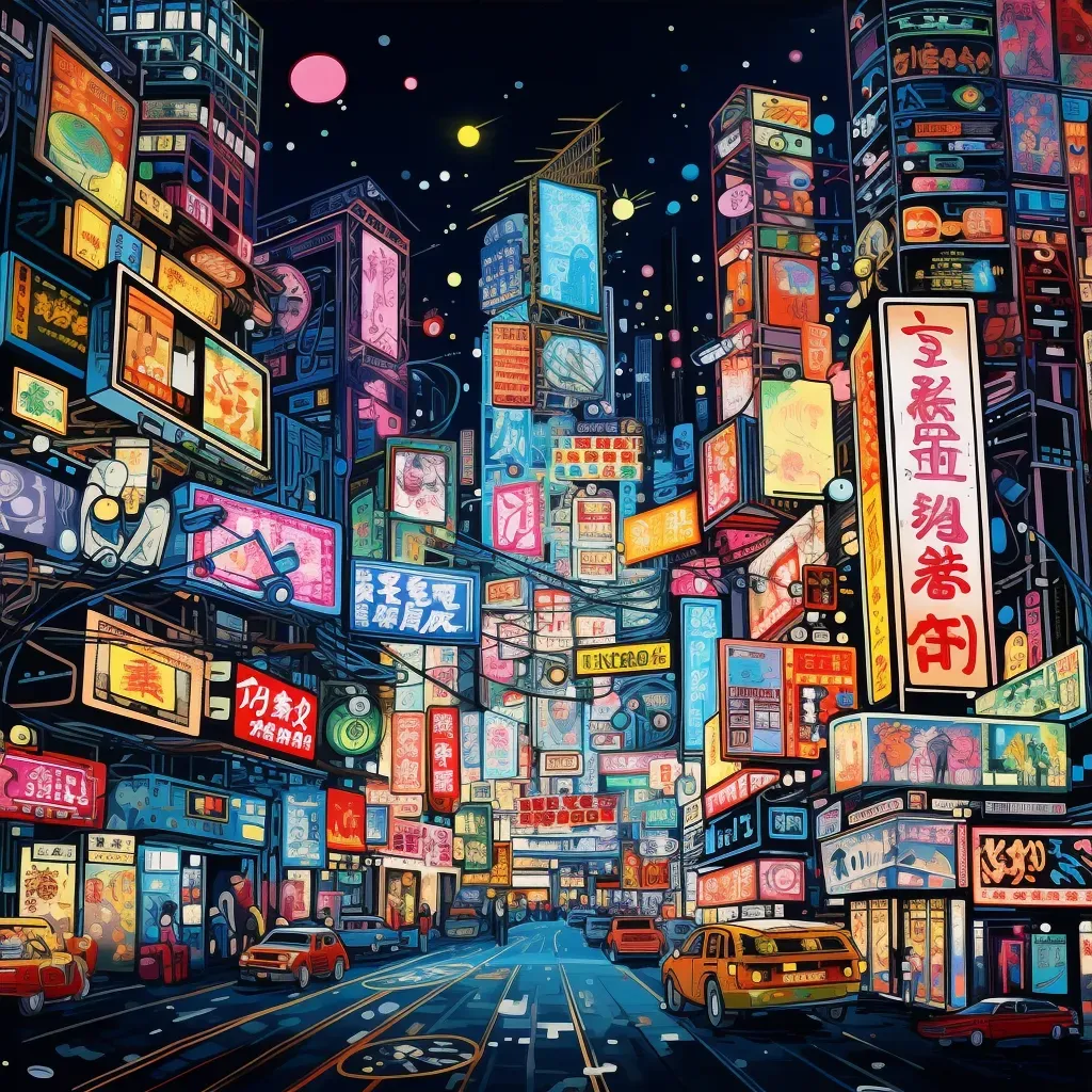 Night cityscape illuminated by neon signs displaying internet symbols and logos - Image 3