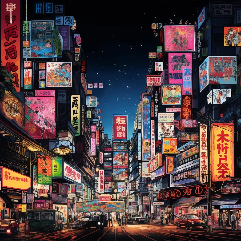 Night cityscape illuminated by neon signs displaying internet symbols and logos - Image 4