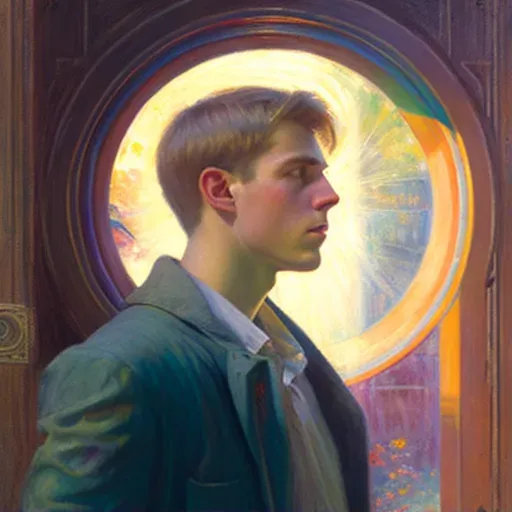 Young man looking into a shimmering portal showing a future world in revolution - Image 1