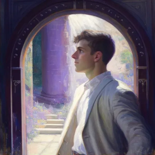 Young man looking into a shimmering portal showing a future world in revolution - Image 2