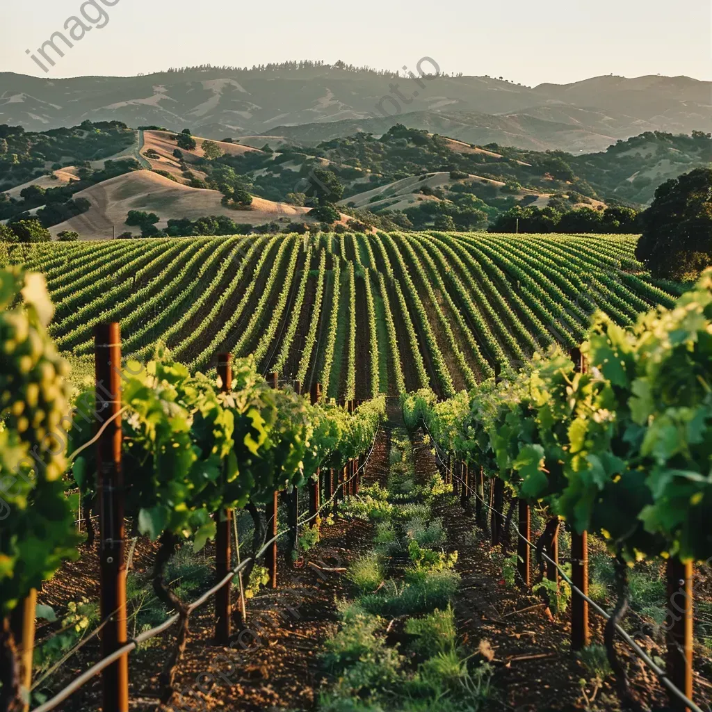 Aerial view of lush vineyard with grapevines and rolling hills - Image 1