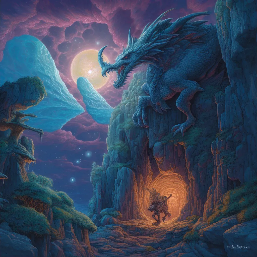 Image of mythical dragon perched on mountain at night - Image 2