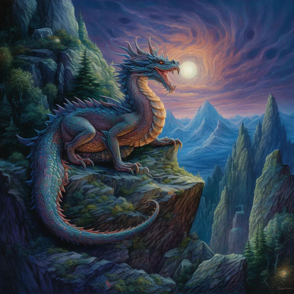 Image of mythical dragon perched on mountain at night - Image 3