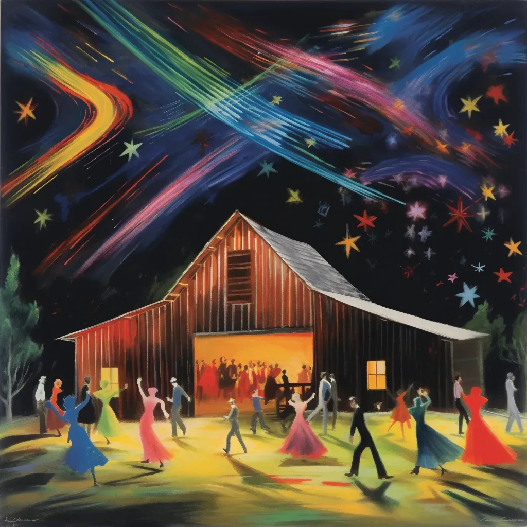 Colorful country barn dance under starlight with dancers in motion - Image 1