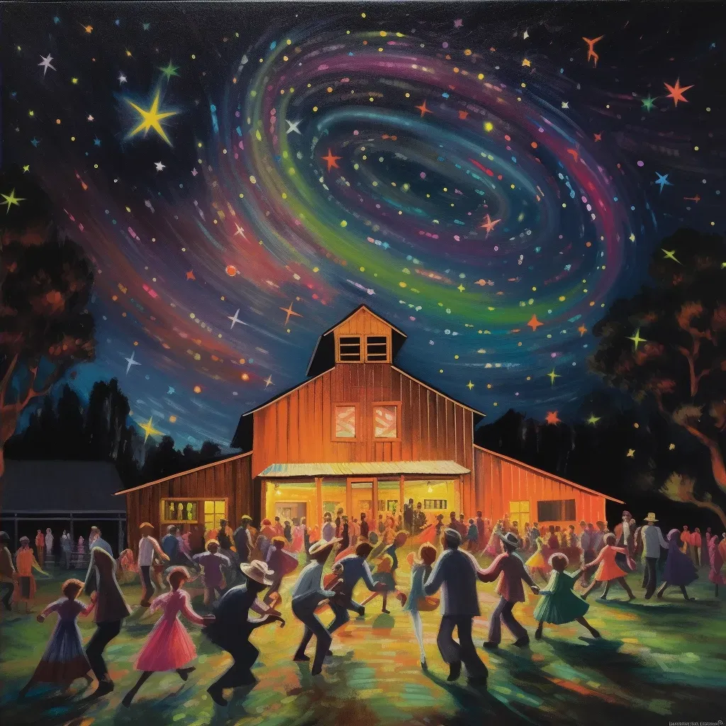 Colorful country barn dance under starlight with dancers in motion - Image 4