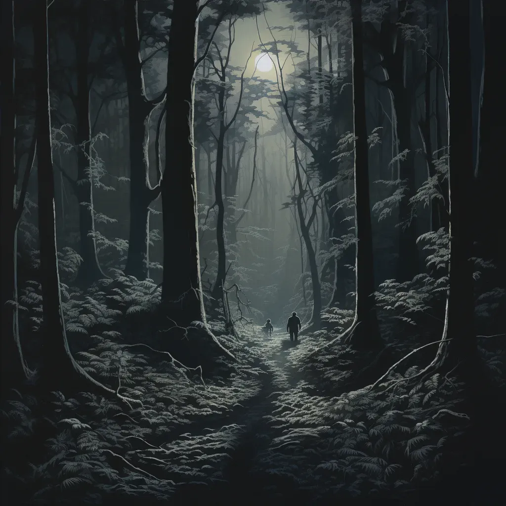 Moonlit path in dense forest with tall trees and intricate shadows - Image 2