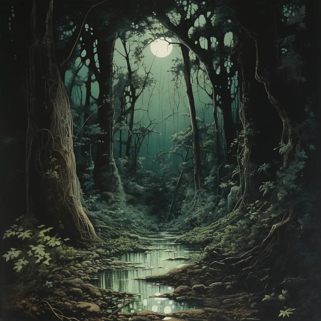 Moonlit Path through Dense Forest with Tall Trees