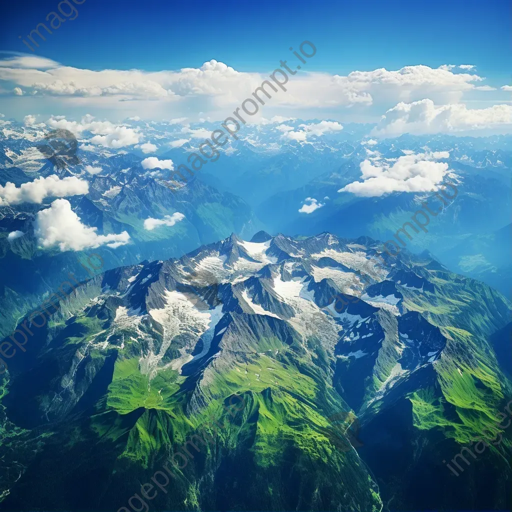 Majestic snow-capped mountains and green valleys seen from airplane window in aerial shot - Image 1