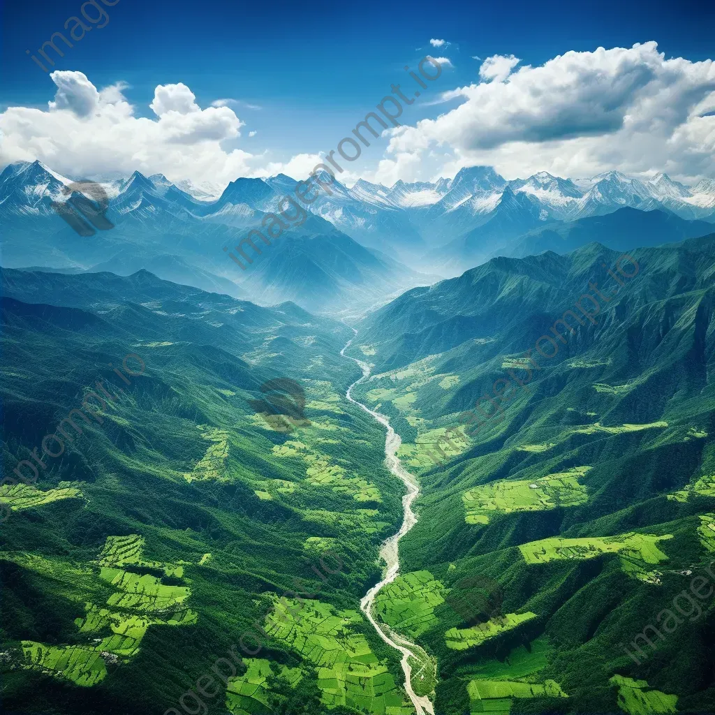 Majestic snow-capped mountains and green valleys seen from airplane window in aerial shot - Image 2