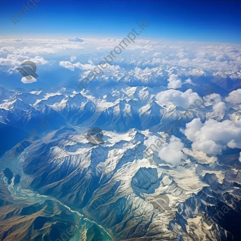 Majestic snow-capped mountains and green valleys seen from airplane window in aerial shot - Image 3