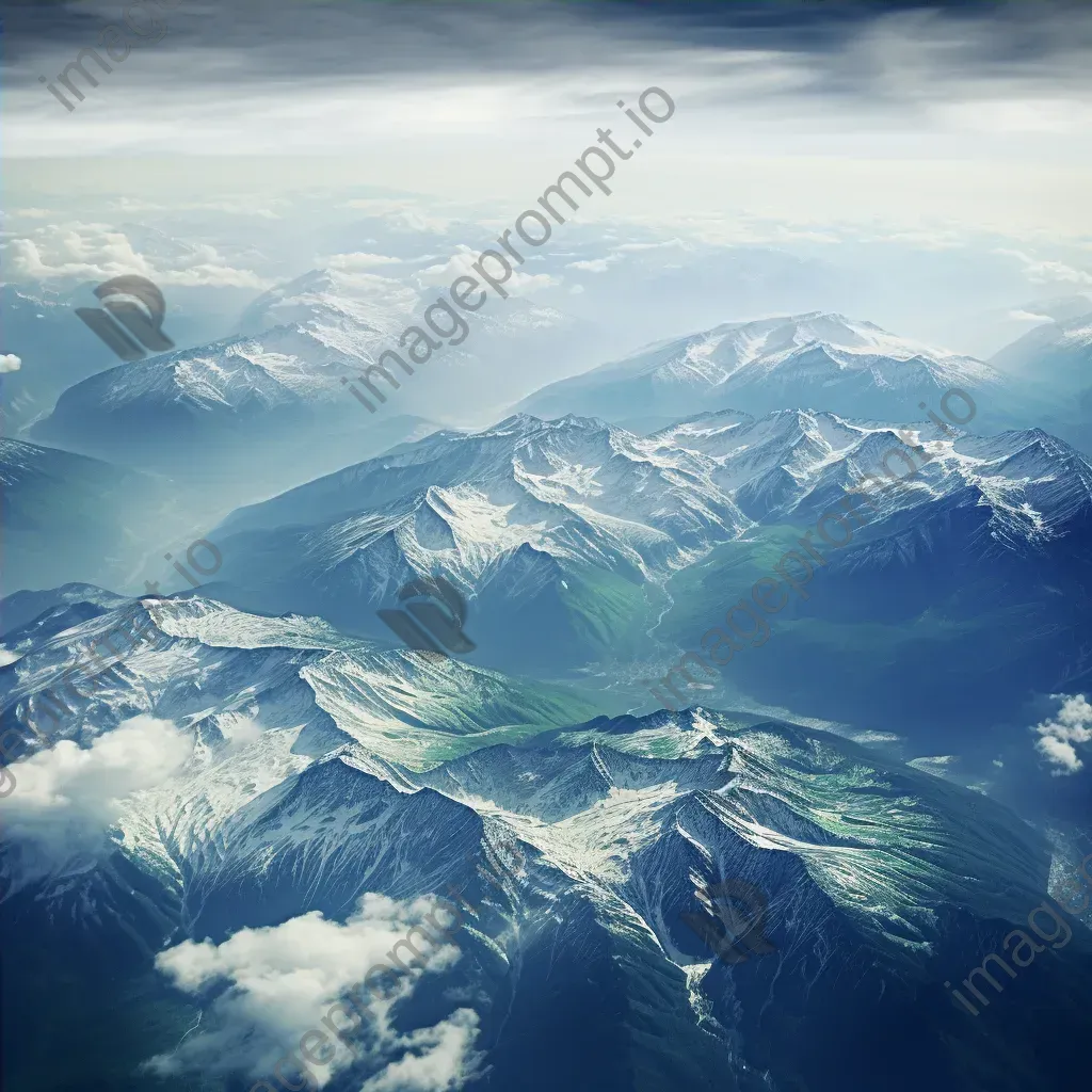 Majestic snow-capped mountains and green valleys seen from airplane window in aerial shot - Image 4