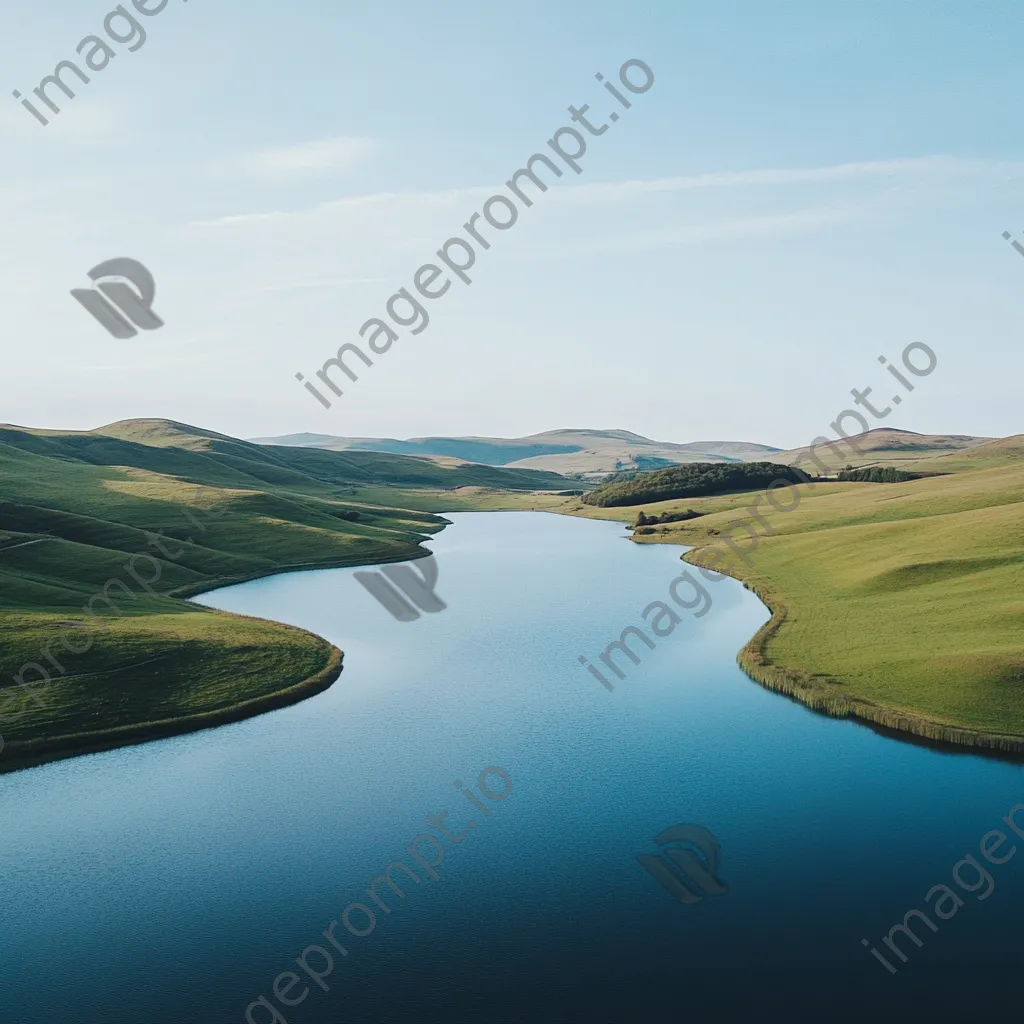 Aerial view of a tranquil blue lake surrounded by green hills. - Image 1