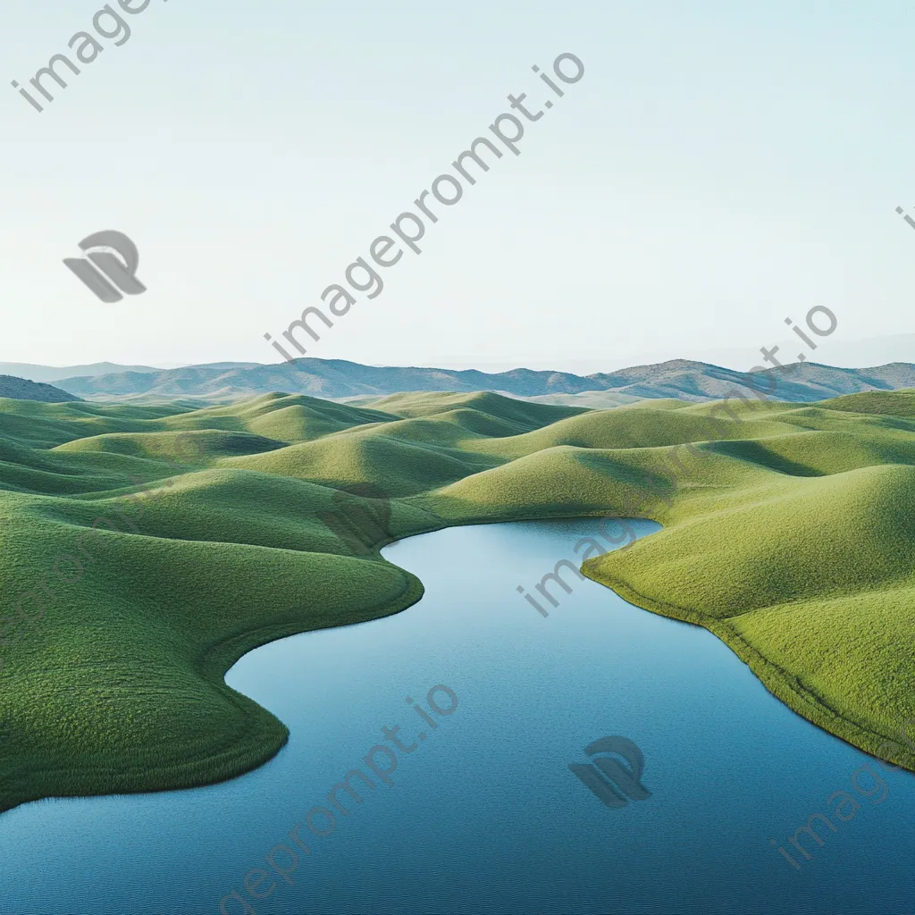 Aerial view of a tranquil blue lake surrounded by green hills. - Image 2