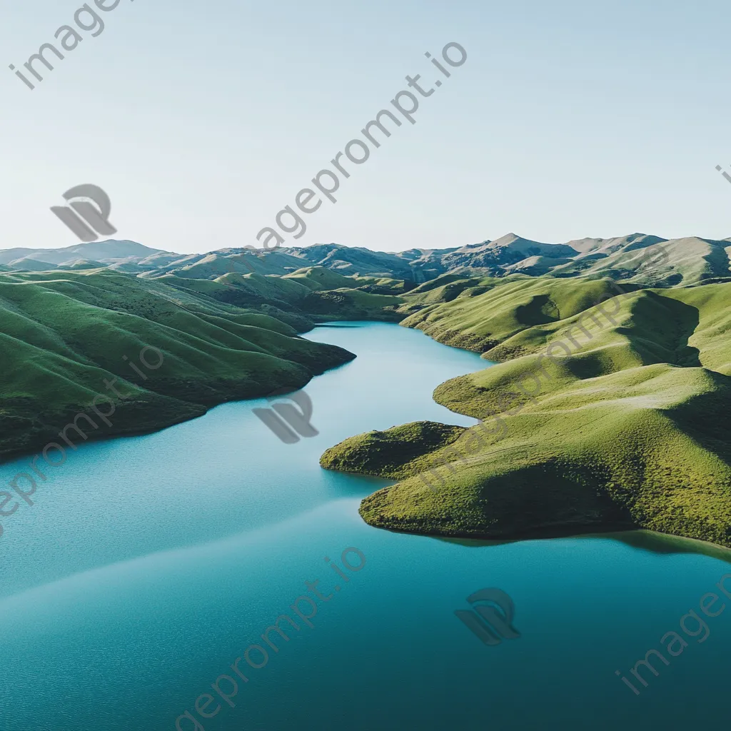 Aerial view of a tranquil blue lake surrounded by green hills. - Image 3