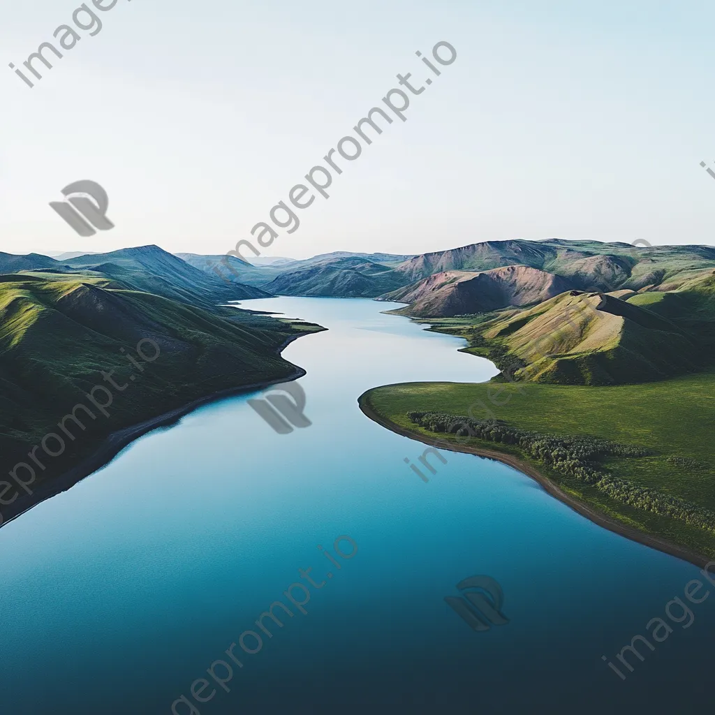 Aerial view of a tranquil blue lake surrounded by green hills. - Image 4