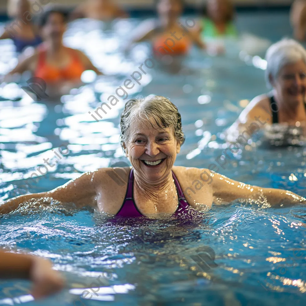 Seniors participating in a water aerobics class indoors - Image 2