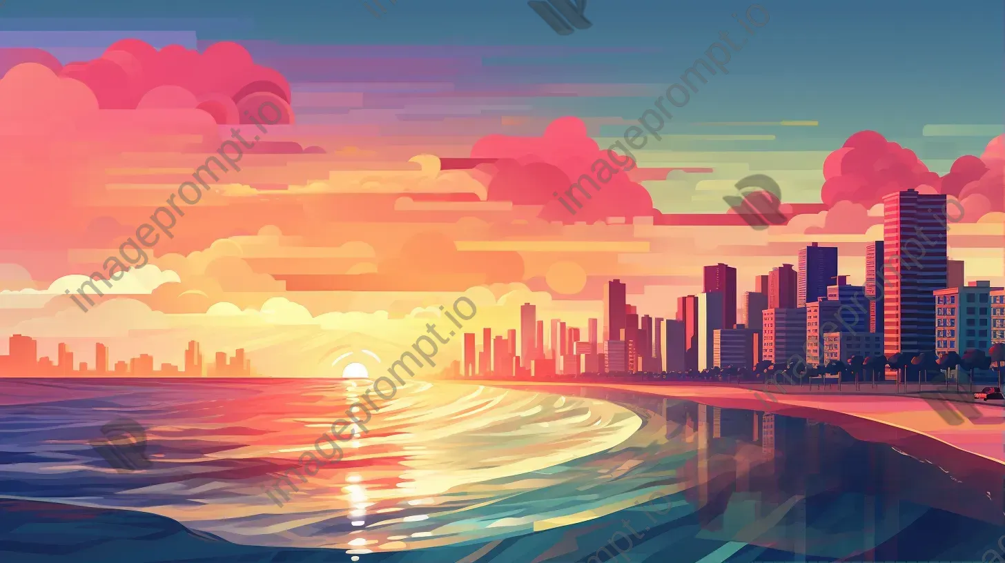 Low Poly style Art Deco seaside city under a vibrant sunset - Image 1