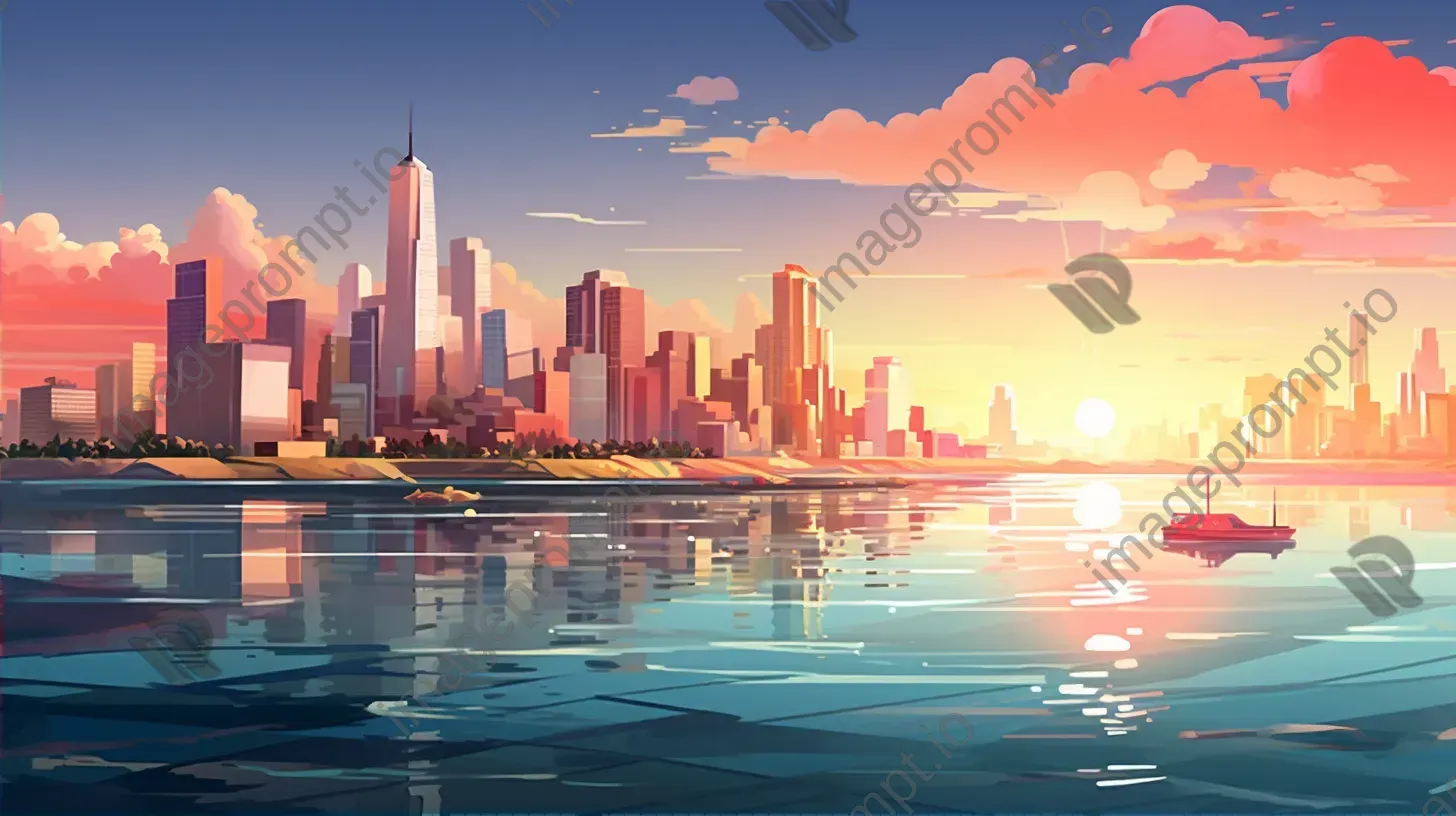 Low Poly style Art Deco seaside city under a vibrant sunset - Image 2