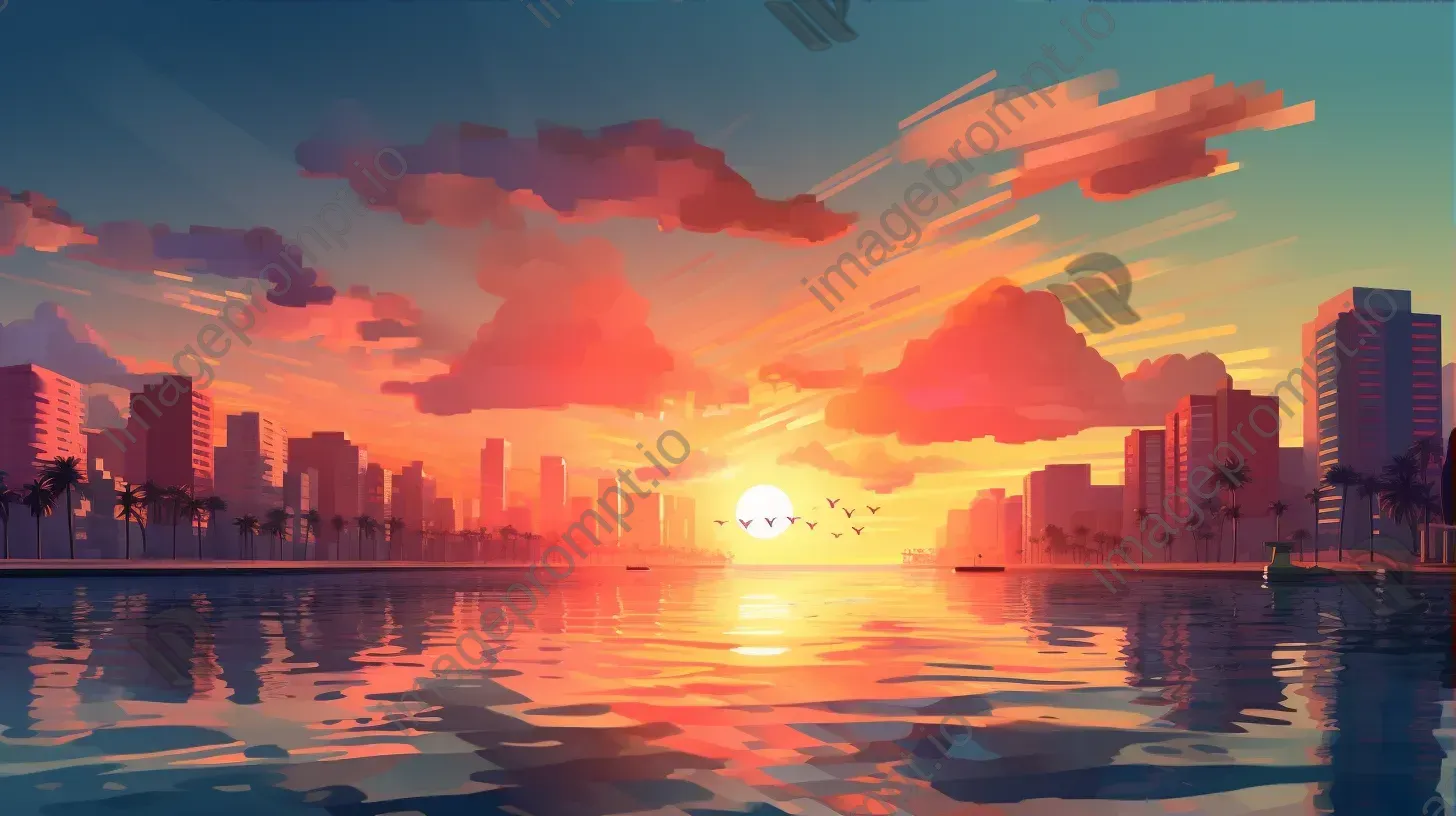 Low Poly style Art Deco seaside city under a vibrant sunset - Image 3