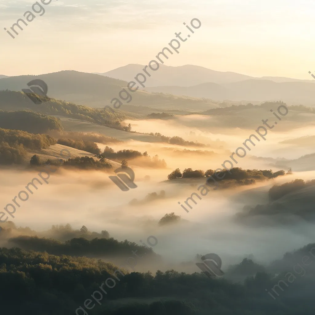 Misty valley landscape at dawn with sunlight breaking through fog - Image 1