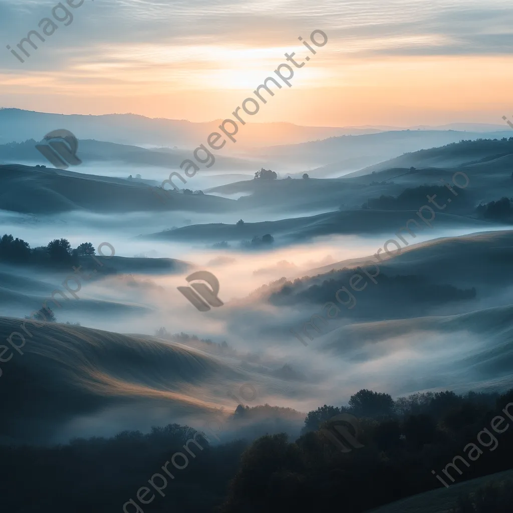 Misty valley landscape at dawn with sunlight breaking through fog - Image 2