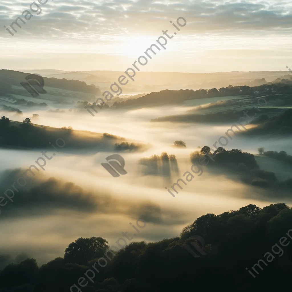 Misty valley landscape at dawn with sunlight breaking through fog - Image 3