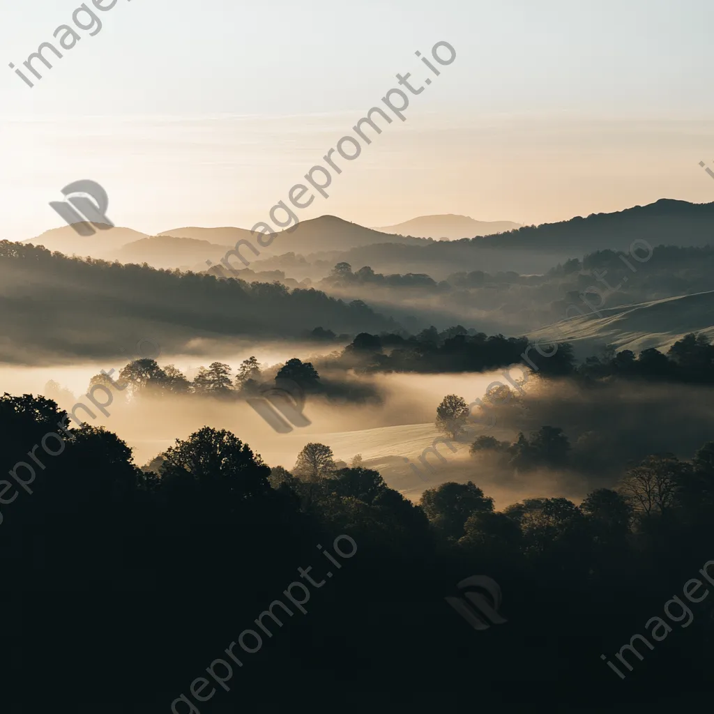 Misty valley landscape at dawn with sunlight breaking through fog - Image 4