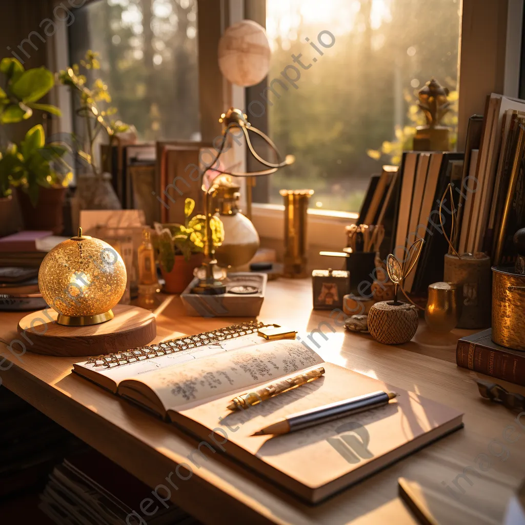 Charming home office desk with handcrafted supplies in warm light - Image 1