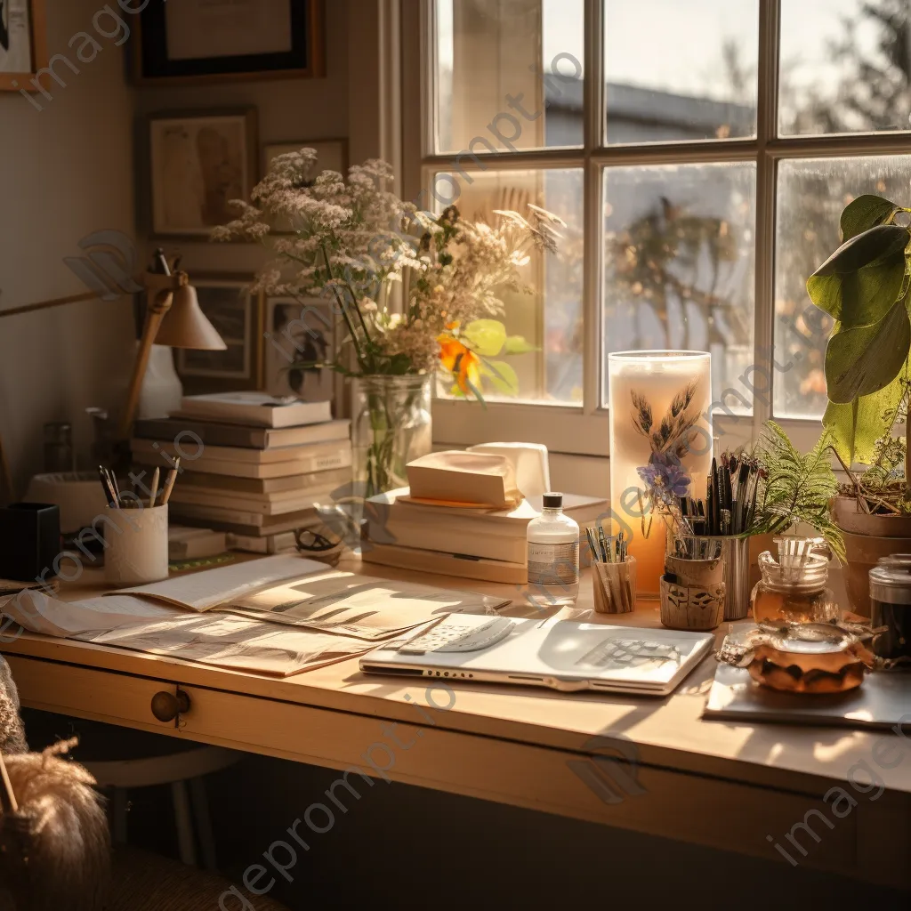 Charming home office desk with handcrafted supplies in warm light - Image 2