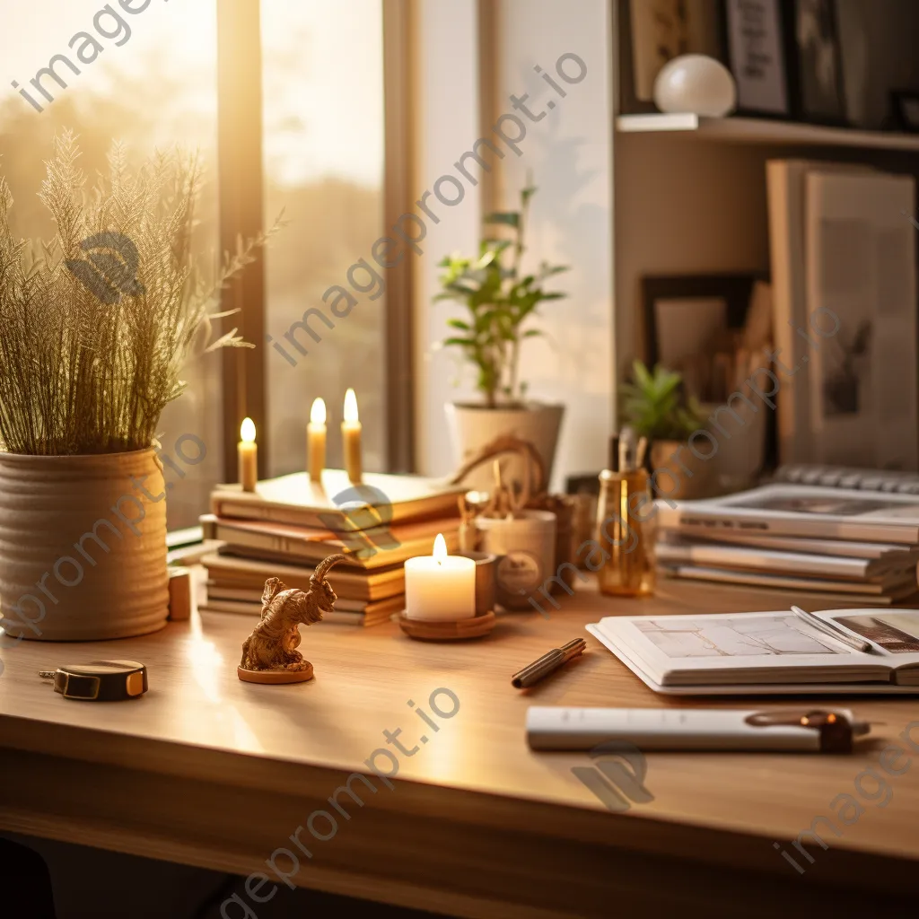 Charming home office desk with handcrafted supplies in warm light - Image 3