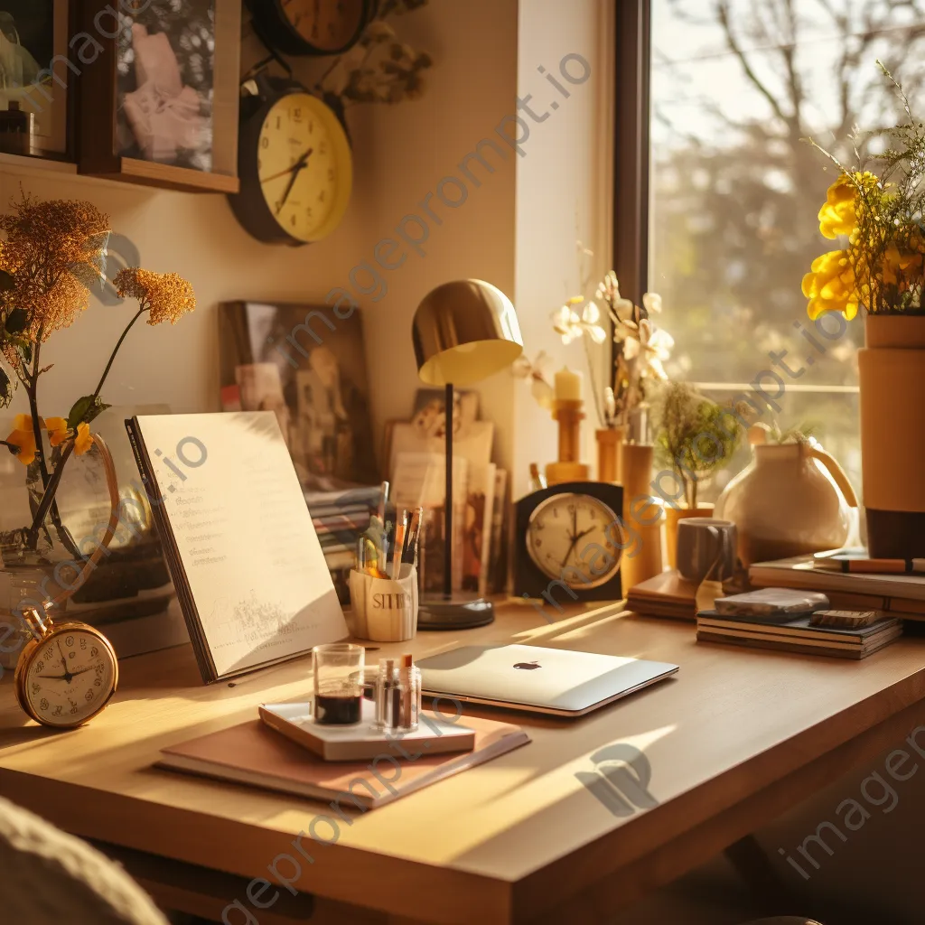 Charming home office desk with handcrafted supplies in warm light - Image 4