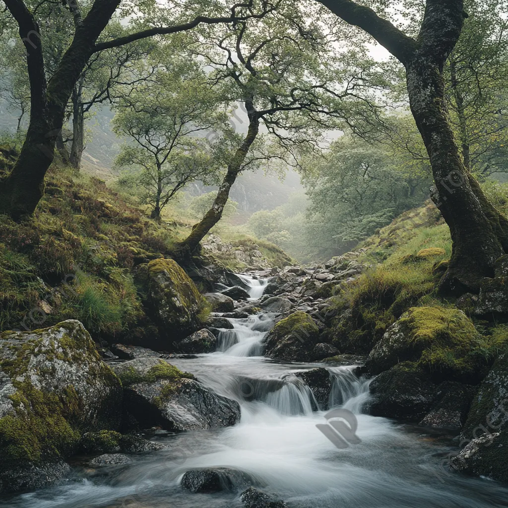 Cascading mountain stream flowing over stones in a misty morning atmosphere. - Image 1