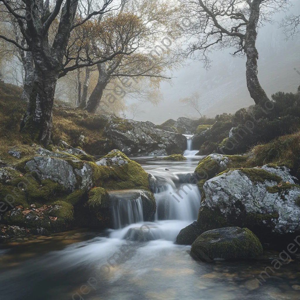 Cascading mountain stream flowing over stones in a misty morning atmosphere. - Image 4