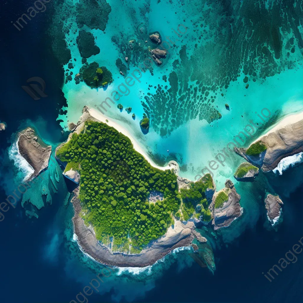 High-resolution satellite image of a tropical island with lush greenery, turquoise waters, and sandy beaches. - Image 1