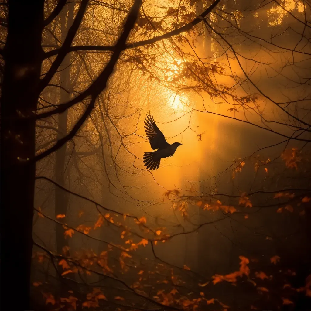 Bird flying out of a dark forest towards golden sunrise - Image 2